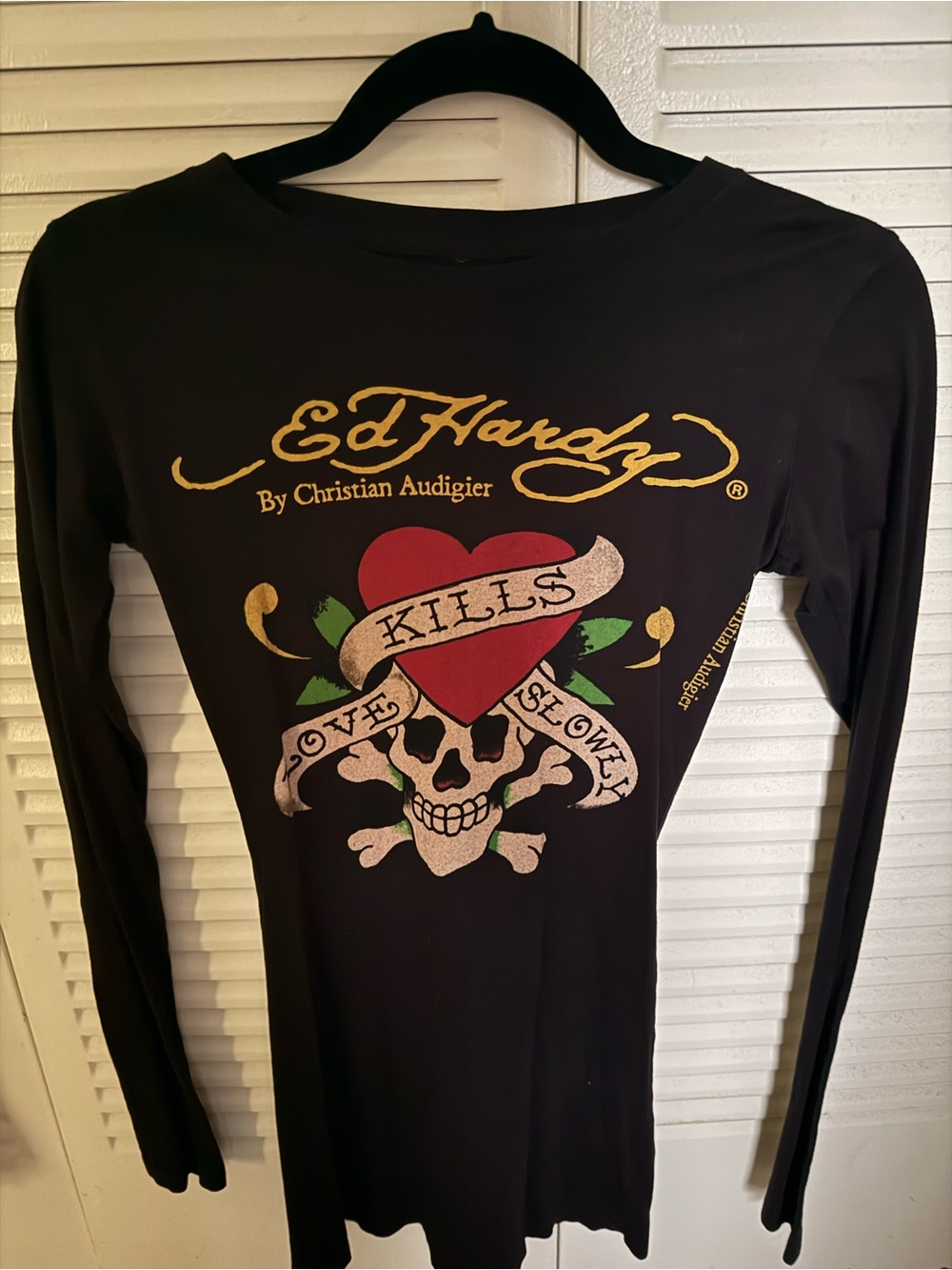 Ed Hardy by Christian Audigier Black Long Sleeve Tee with Red Heart and Skull